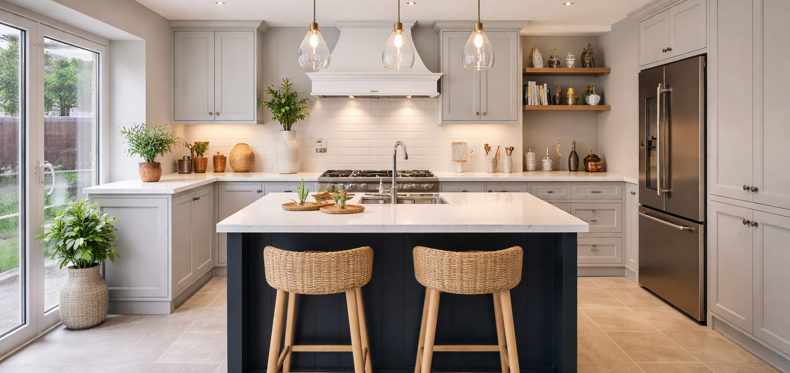 Fitted kitchen installation with modern units, worktops and appliances in a residential property
