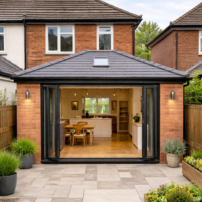 Modern rear house extension with bi-fold doors in Poole Dorset Modern brick rear house extension featuring bi-fold doors opening onto a patio, creating a bright open-plan living and dining space in a Dor