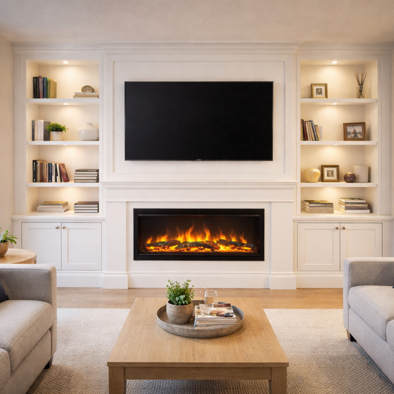 Bespoke media wall with built-in TV storage and shelving installed in a Poole living room